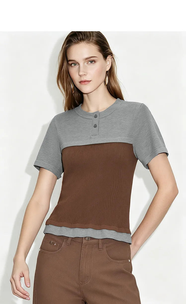 Damen-Rundhalspullover Farbblock Slim Kurzarm Viskose Büro Sommer