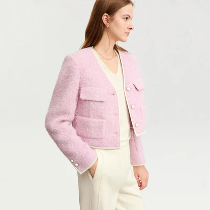 Damen Wollmantel im minimalistischen Design mit V-Ausschnitt und Taschen