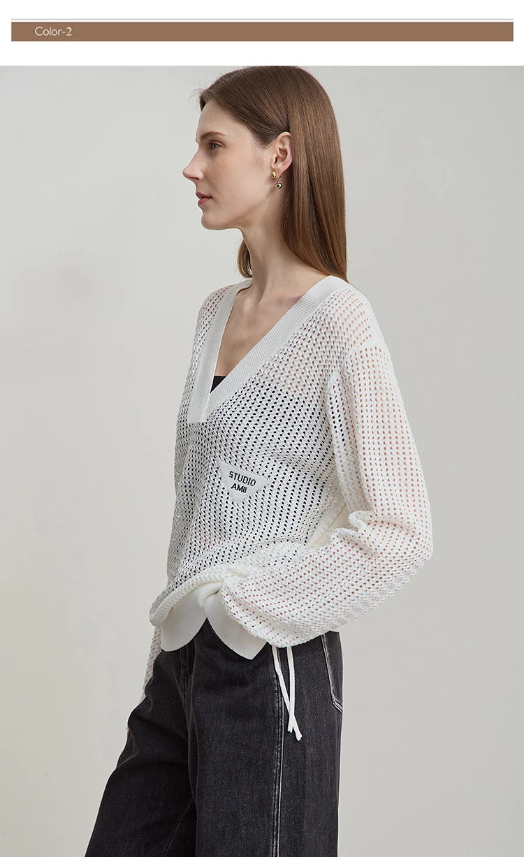 Damen-Strickpullover mit V-Ausschnitt, langarm, Lochmuster, cremeweiß, lockerer Schnitt