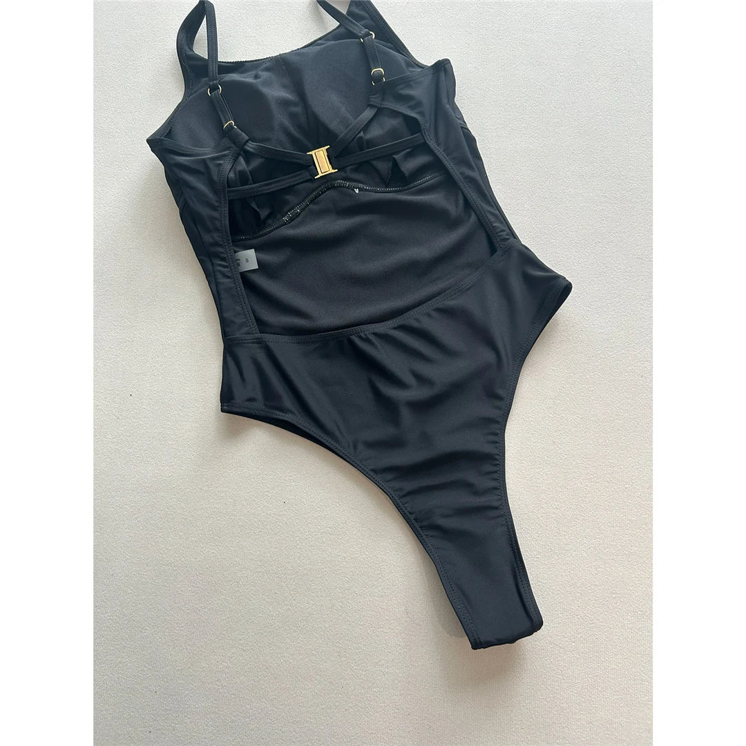 Damen-Badeanzug Metallring rückenfrei Brazilian High-Leg gepolstert