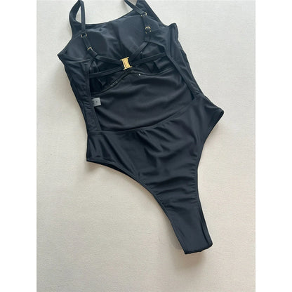 Damen-Badeanzug Metallring rückenfrei Brazilian High-Leg gepolstert