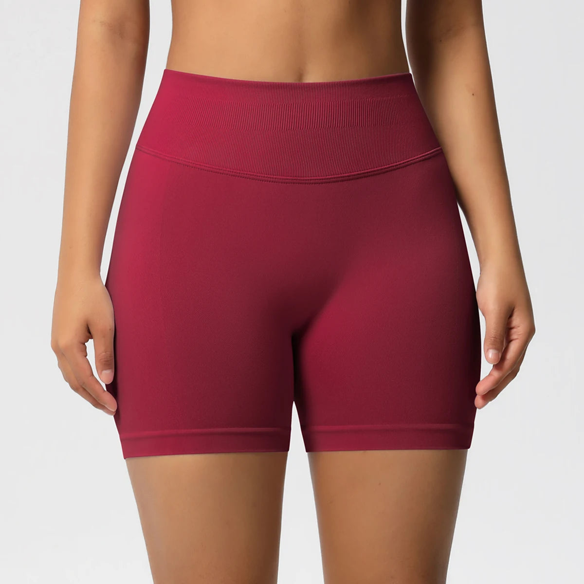 Damen-Yoga-Shorts mit hoher Taille, bordeauxrot, breiter Bund mit Naht
