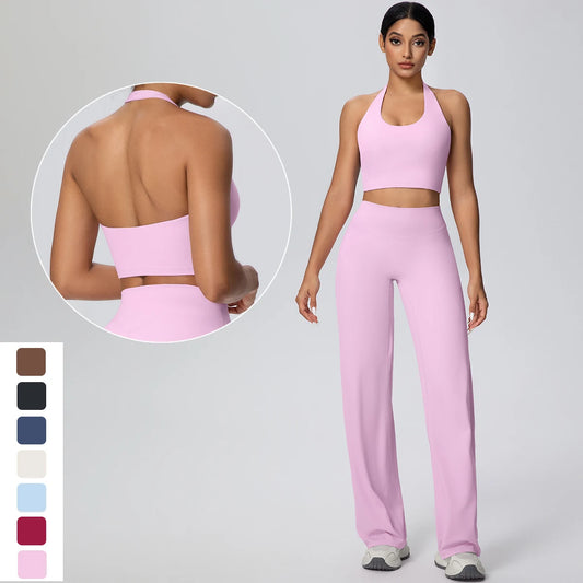 Yoga-Set für Frauen: pinkfarbener Sport-BH und weite Hose, Rückansicht im Detail