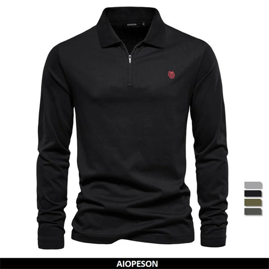 Herren-Polohemd mit Knopfleiste, langarm, dunkelschwarz, Brustlogo