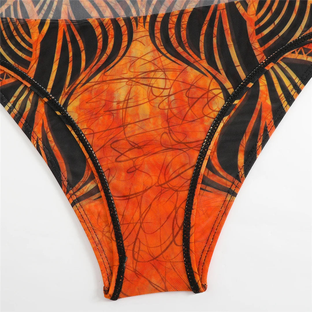 Damen-Badeanzug 3-teilig Print Langarm Sarong-Set gepolstert