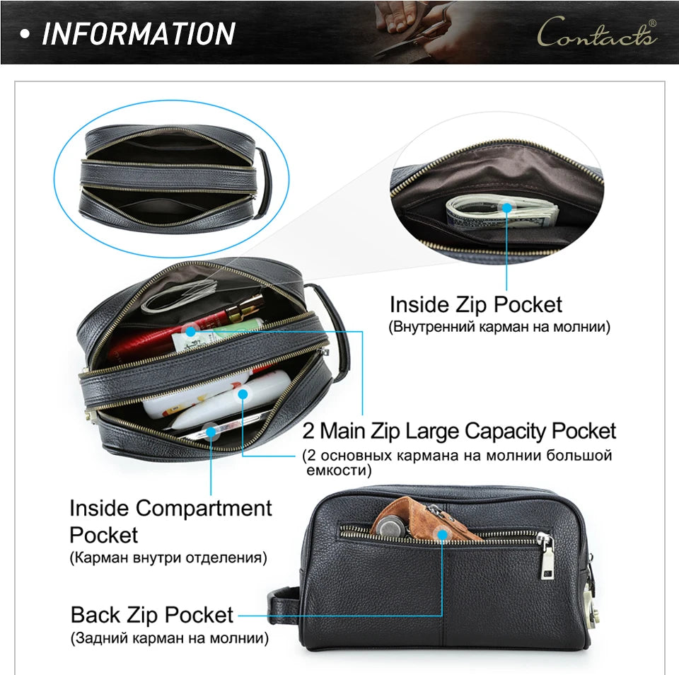 Schwarze Herren-Clutch aus Leder mit Innenfächern und Reißverschluss, Detailansicht