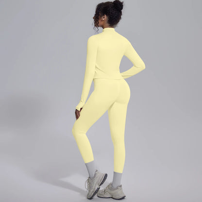 Nahtloses Yoga-Set Hellgelb, Rückansicht: taillierte Jacke, Leggings