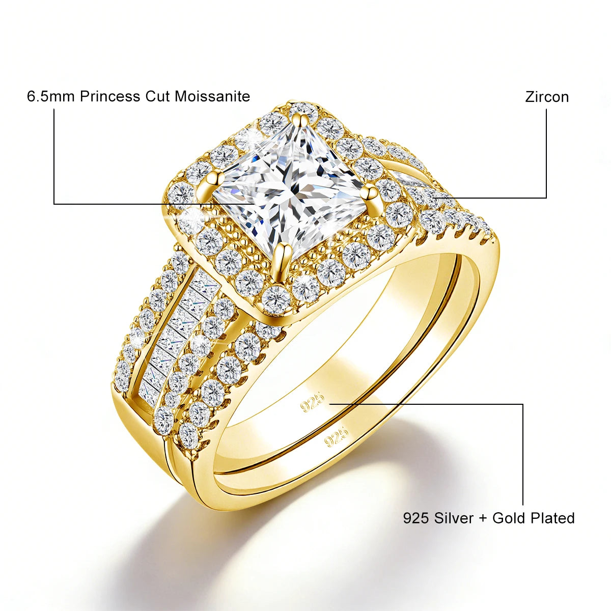 Damen-2er-Verlobungsring-Set aus 925-Silber mit Moissanit im Prinzessin-Schnitt Halo-Design