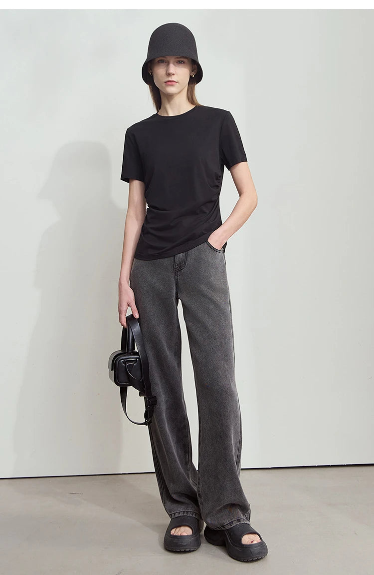 Damen T-Shirt mit Rundhalsausschnitt und gebrochenen Falten aus Modal-Baumwolle