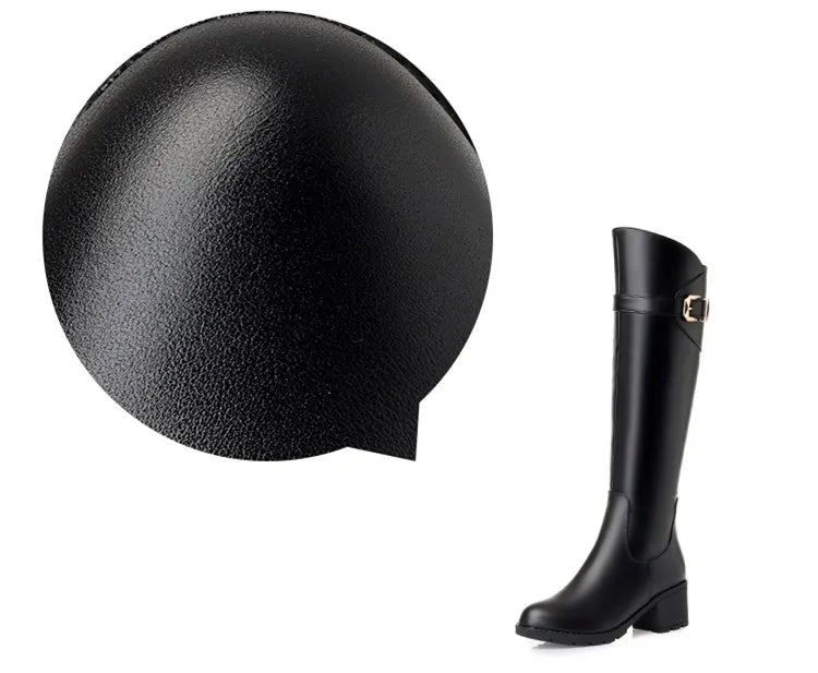 Damenstiefel, schwarz, hoher Schaft, runde Spitze, breiter Absatz, mit Schnalle