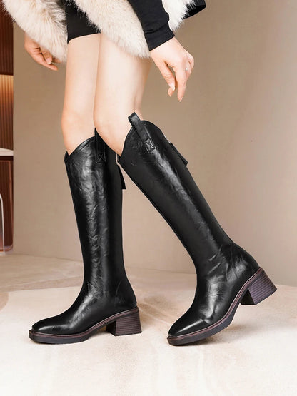 Damen-Langschaftstiefel aus Leder, schwarz, mit Blockabsatz und hohem Schaft