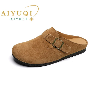 AIYUQI Hausschuhe Frauen Echt Leder 2025, Neue Große Größe 41 42 43 Frauen Sommer Schuhe Retro Oberbekleidung Flache Faule halbe Hausschuhe Frauen