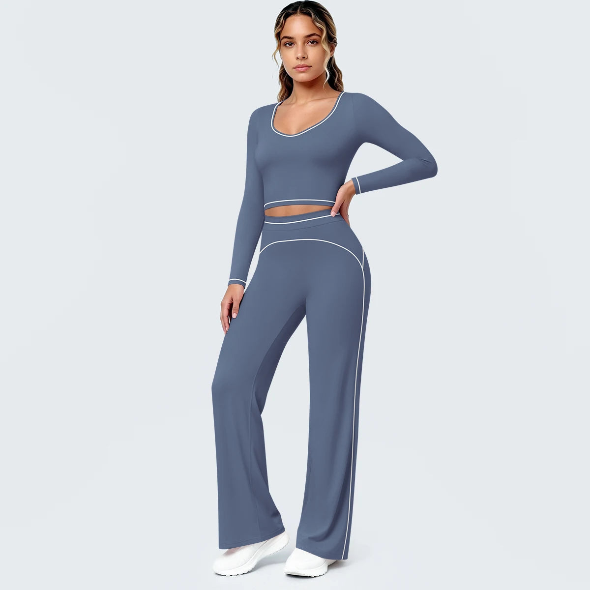 Damen Yoga-Set mit langärmligem Top und Schlaghose, Cut-out-Taille, blau-grau