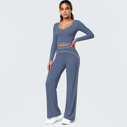Damen Yoga-Set mit langärmligem Top und Schlaghose, Cut-out-Taille, blau-grau