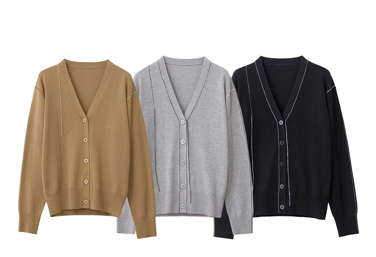 Damen-Strickjacke V-Ausschnitt Patchwork Raglan Wolle-Mix Herbst