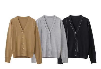Damen-Strickjacke V-Ausschnitt Patchwork Raglan Wolle-Mix Herbst