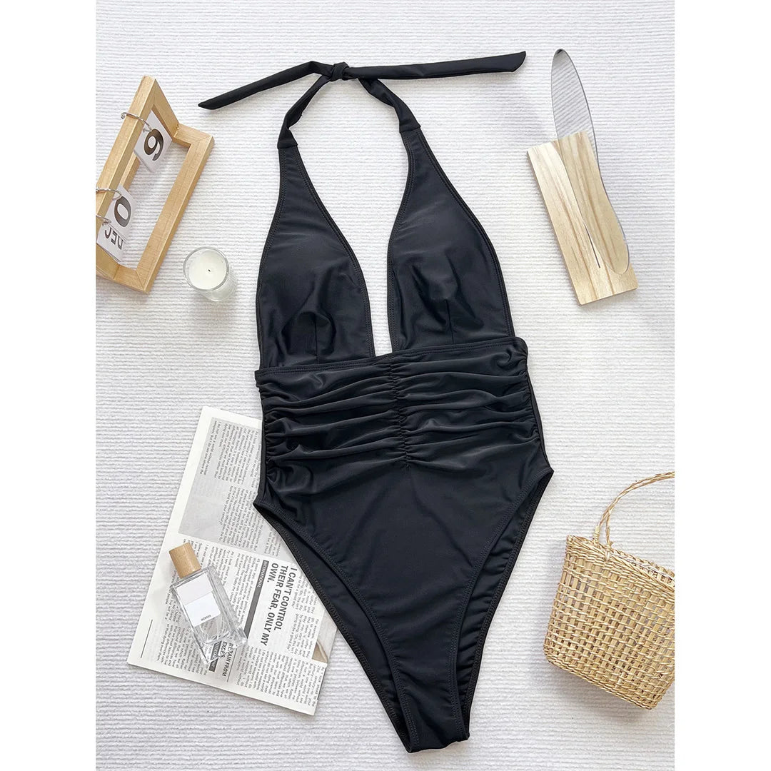 Damen Badeanzug tiefer V-Ausschnitt Neckholder gerüscht hoher Beinausschnitt Monokini