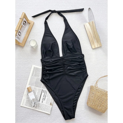 Damen Badeanzug tiefer V-Ausschnitt Neckholder gerüscht hoher Beinausschnitt Monokini
