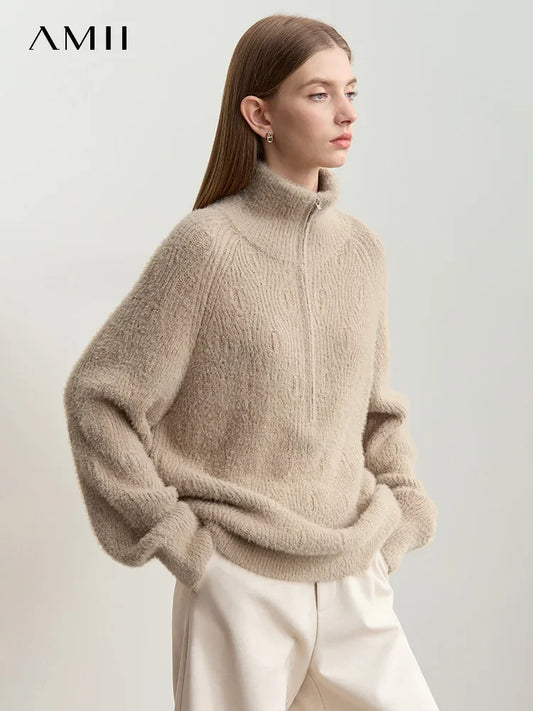 Damen-Rollkragenpullover Reißverschluss Nerz-Optik locker Winter