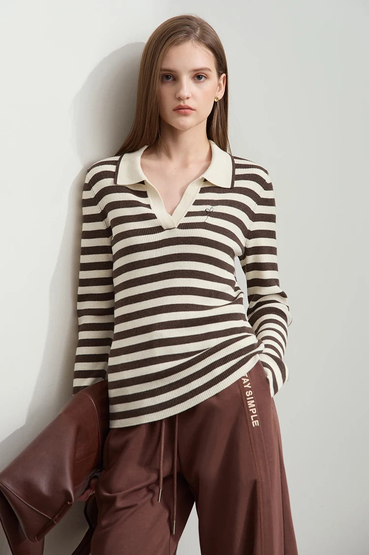 Damen V-Ausschnitt Pullover Streifen Stickerei Polo Kontrastfarben Herbst
