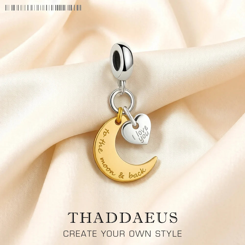 Mond-und-Herz-Charm-Anhänger aus 925er Sterlingsilber mit kleinem Herz am Aufhänger