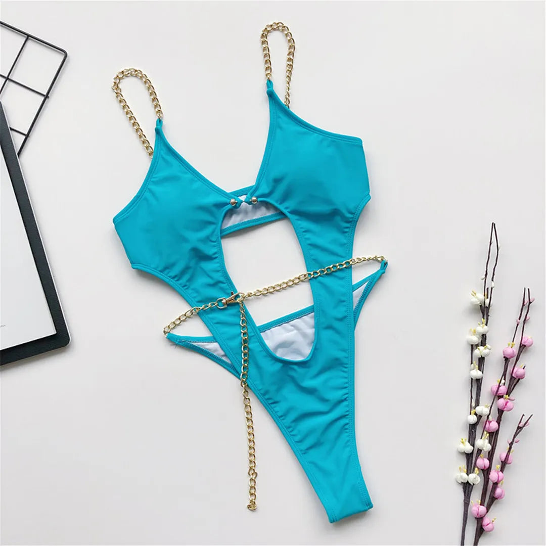 Damen Badeanzug Goldketten High-Cut Einteiler bauchfrei 2026