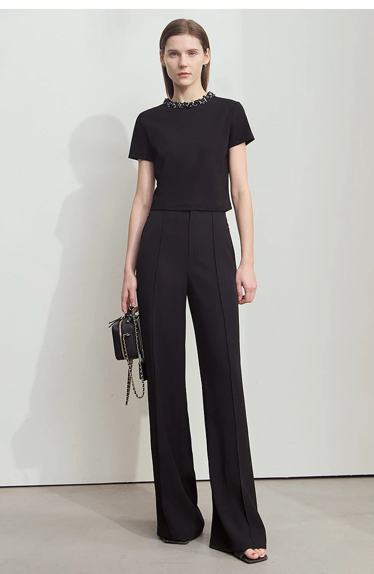 Damen Kurz-T-Shirt im minimalistischen Stil mit elastischen Perlen und Pailletten-Dekoration