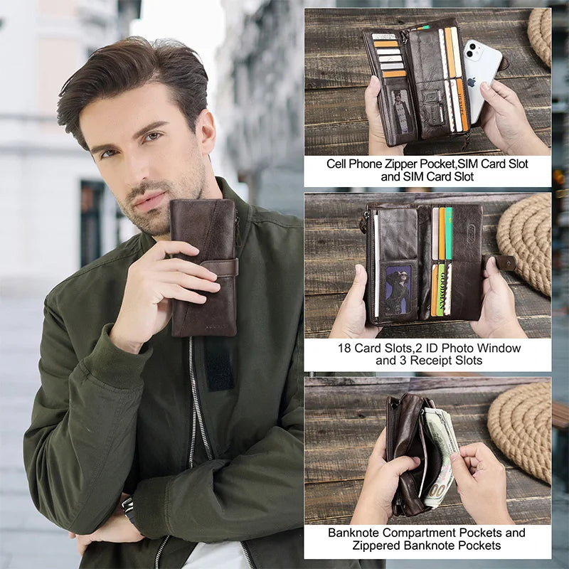 Herren Echtleder Lange Geldbörse Vintage Handyfach Fotohalter Kartenhalter Reise