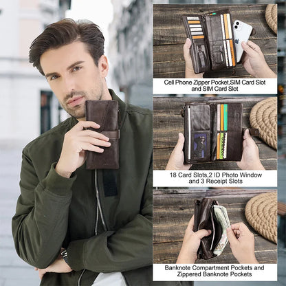 Herren Echtleder Lange Geldbörse Vintage Handyfach Fotohalter Kartenhalter Reise
