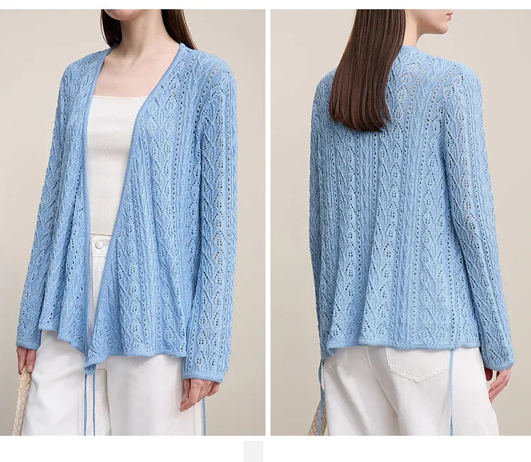 Damen-Strickjacke V-Ausschnitt Wolle Hohlstrick locker Langarm Frühling