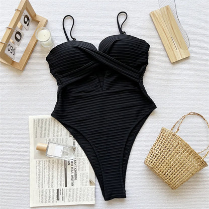 Damen Badeanzug Cut-Out gerüscht hoher Beinausschnitt BH-Cup Monokini