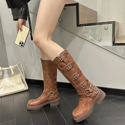 AIYUQI Western Cowboy Boots Women Vintage New Genuine Leather Knight Boots Women Square Toe High Boots Buckle Boots Women