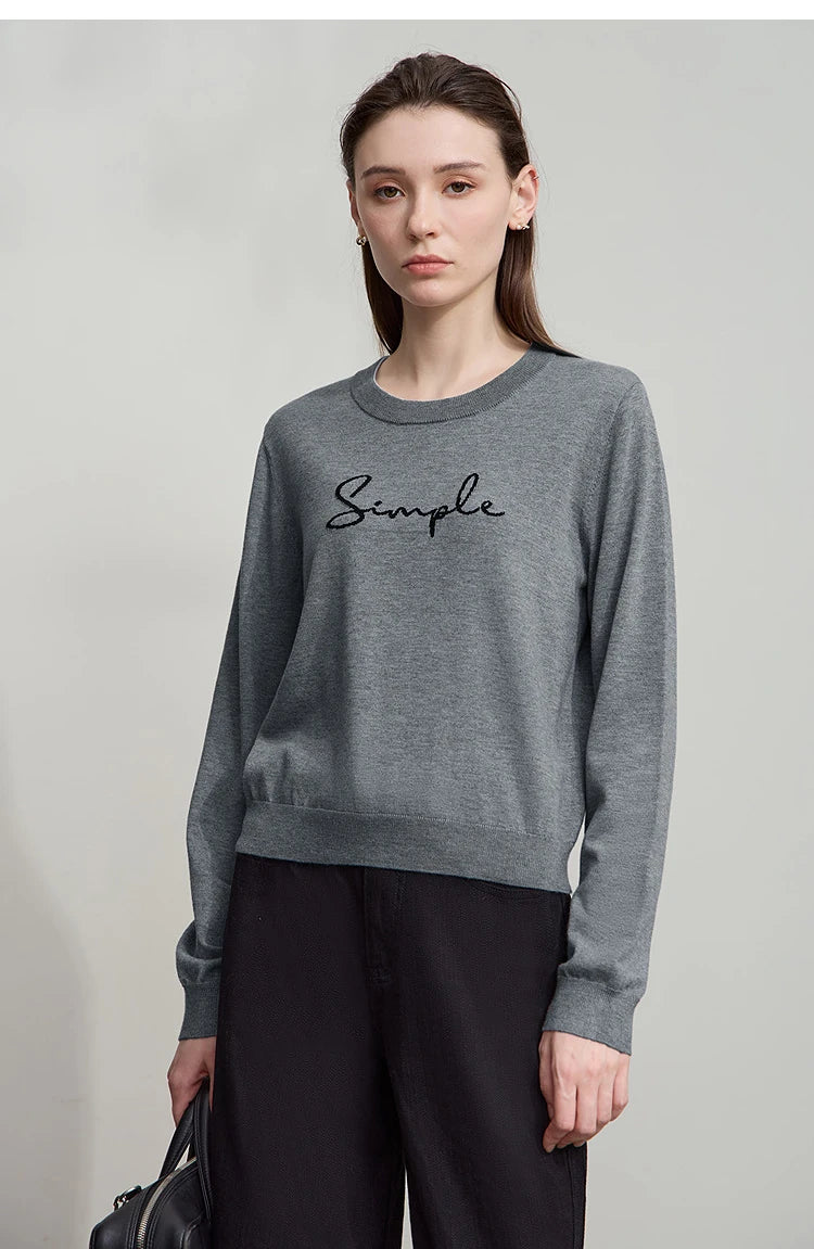 Langarm-T-Shirt in Grau mit Rundhalsausschnitt und „Simple“-Schriftzug auf der Brust