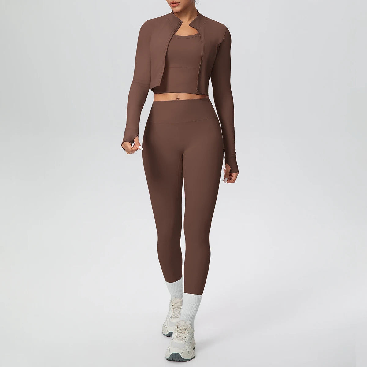Braunes Yoga-Set mit Reißverschluss-Top und High-Waist Leggings