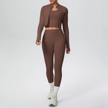 Braunes Yoga-Set mit Reißverschluss-Top und High-Waist Leggings