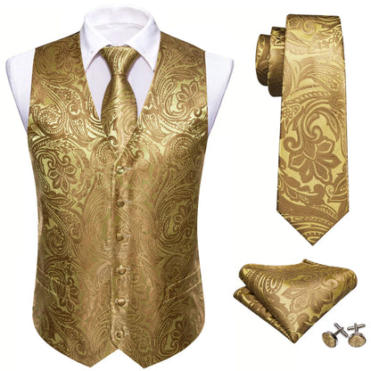 Elegante Jacquard-Herrenweste in Gold mit Krawatte, Einstecktuch und Manschettenknöpfen.