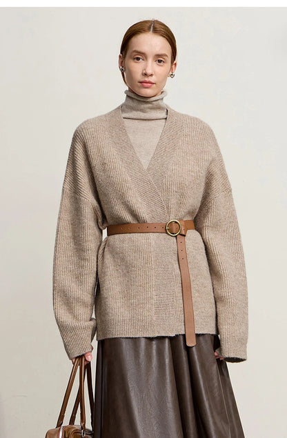 Damen V-Ausschnitt Cardigan lang Wolle-Mix offen Winter