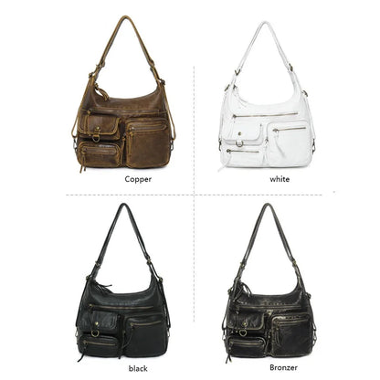 Damen-Schultertasche aus PU Großes Fassungsvermögen mit Innenfächern Vintage-Look Schwarz