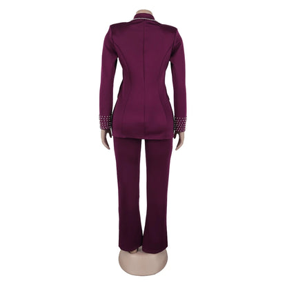 Zweiteiliges Damen-Set mit Applikationen, langärmligem Patchwork-Hemd und hoch taillierter Hose