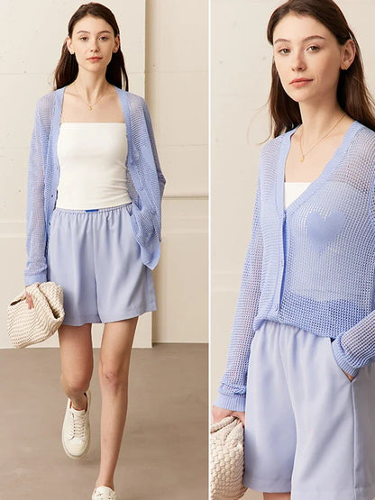 Damen-Strickjacke V-Ausschnitt Viskose locker elegant Frühling