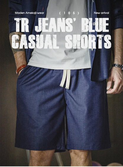 Herren Shorts im Retro-Stil aus gewaschenem Denim mit elastischem Bund und Kordelzug