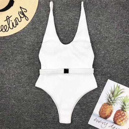 Damen-Badeanzug gerippt High-Cut Gürtel Monokini 6 Farben