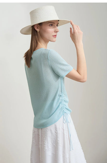 Damen-Strickpullover mit Rundhals, Kurzarm und Kordelzug am Saum, mintblau