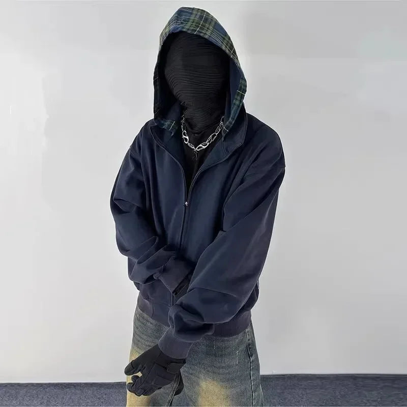 Herbst Plaid Zipper Mit Kapuze Sweatshirts Für Männer Y2K Vintage Streetwear Patchwork Jacken Weibliche Harajuku Mode Hoodies Mäntel