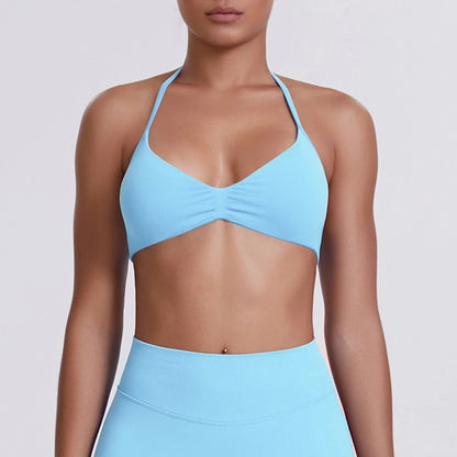 Rückenfreier Yoga-BH mit Neckholder, hellblau, V-Ausschnitt