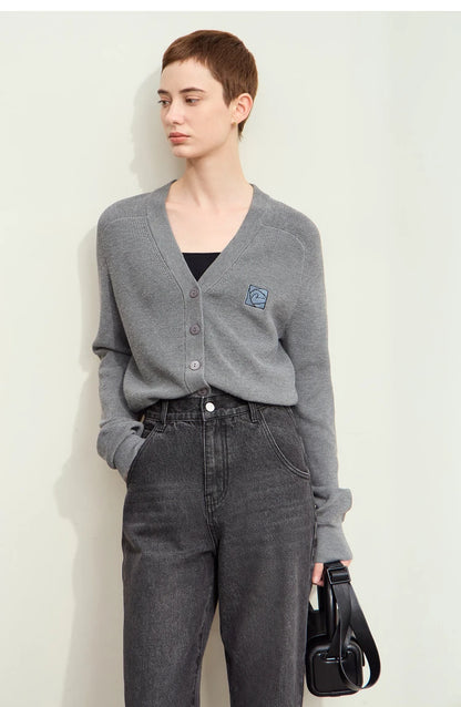 Damen-Strickjacke Wolle V-Ausschnitt Patchwork Stickerei kurz Französisch Herbst