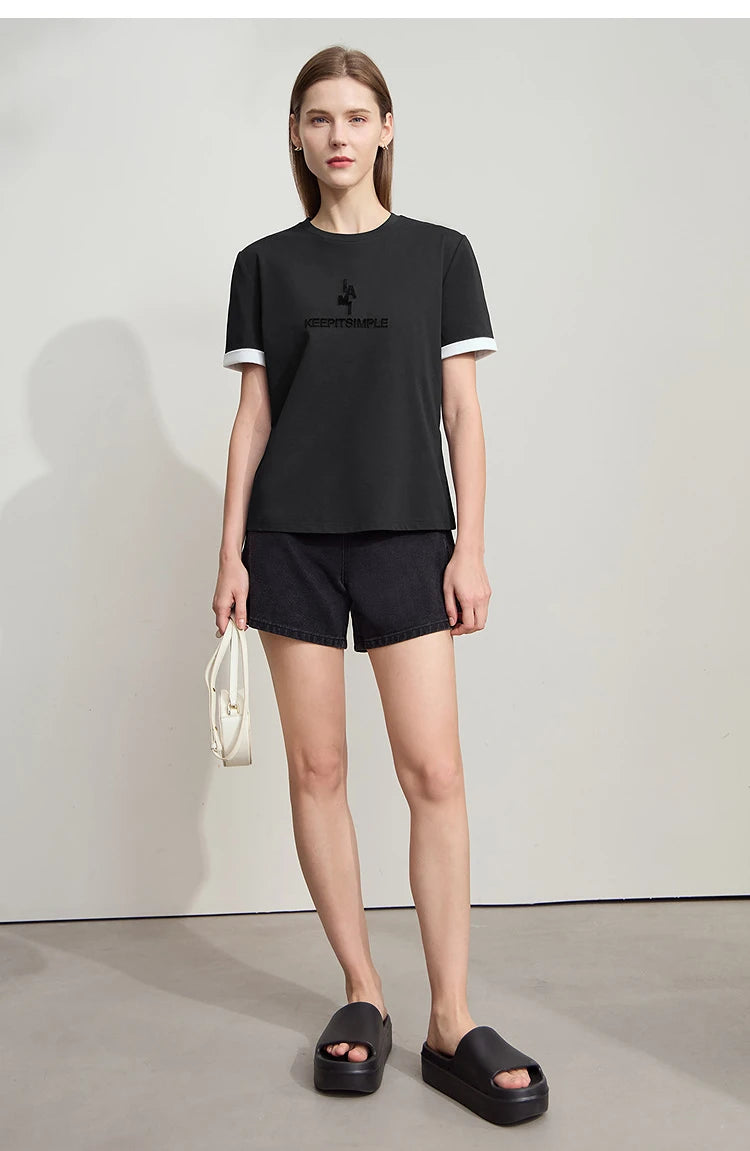 Damen Freizeit-T-Shirt mit Rundhalsausschnitt und Farbblockierung für den Sommer