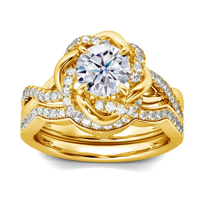 Damen-Ringe-Set aus 925 Sterling Silber mit Moissanit Steinchen und Blüten-Design für Verlobung und Hochzeit