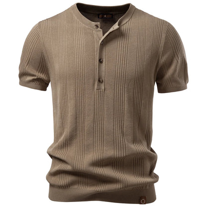 Henleyshirt mit Knopfleiste, Kurzarm und geripptem Streifenmuster in Beige