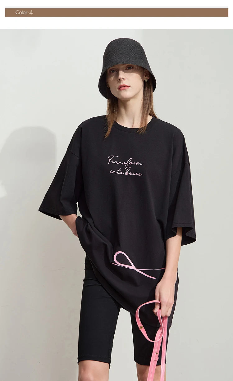 Damen T-Shirt aus ultraloch Stretch-Baumwolle mit Buchstaben-Bowknot-Aufdruck